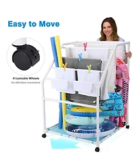 Yescom 424 Gal Pool Float Storage Bin 2 Tiers with Towel Rack Holder Set Rolling Toys Raft Cart