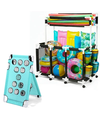 Yescom Gallon Pool Float Storage Bin with Portable Bean Bag Toss Game Cornhole Board Set