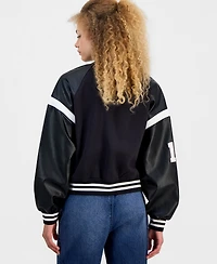 Madden Girl Juniors' Faux-Leather-Sleeve Bomber Jacket
