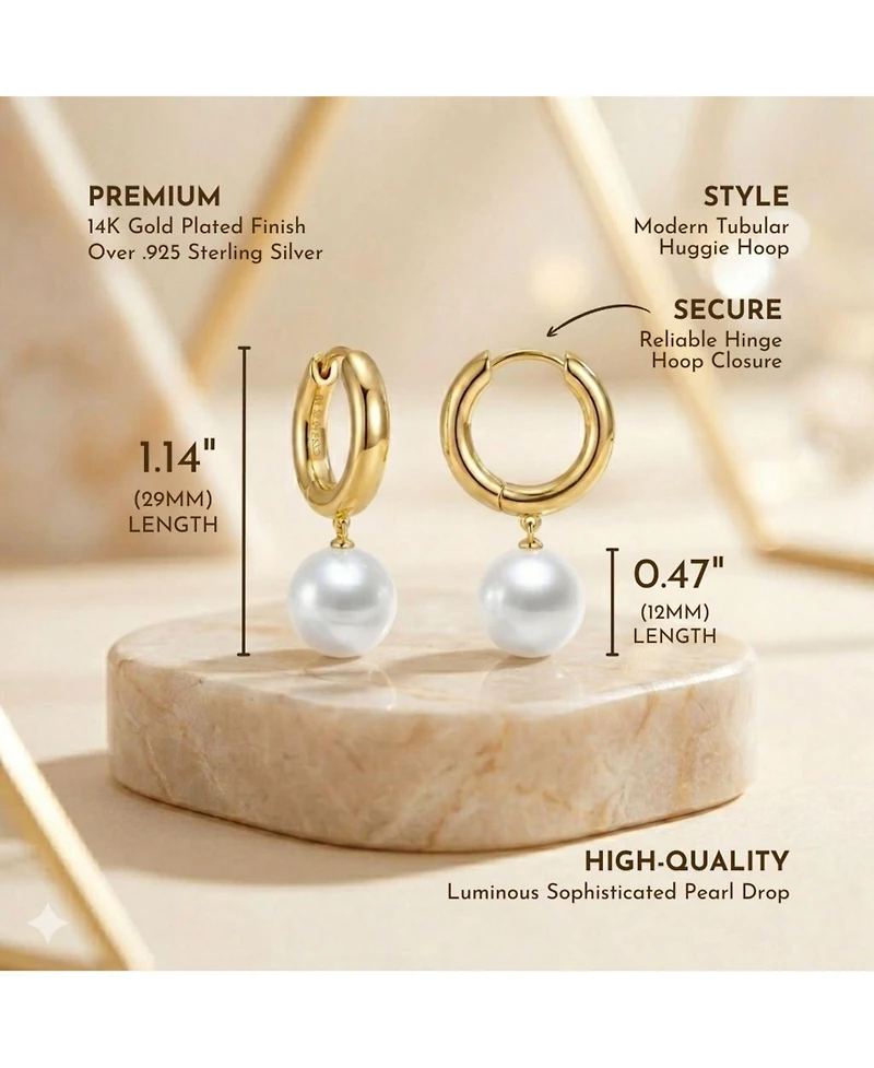 Sterling Silver 14k Yellow Gold Plated White Pearl Drop Huggie Hoop Earrings