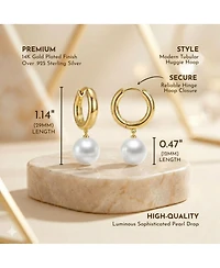 Sterling Silver 14k Yellow Gold Plated White Pearl Drop Huggie Hoop Earrings