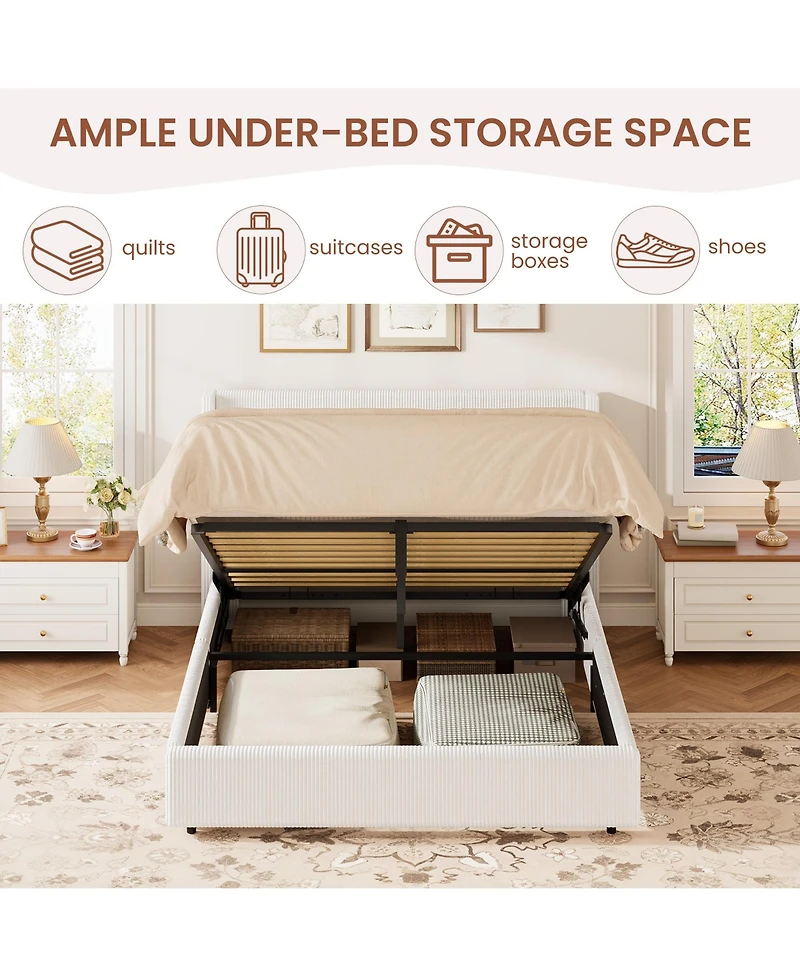 gaomon Lift Up Storage Bed Frame – Corduroy Upholstered Platform with Gas Lift, Padded Headboard, No Box Spring Needed