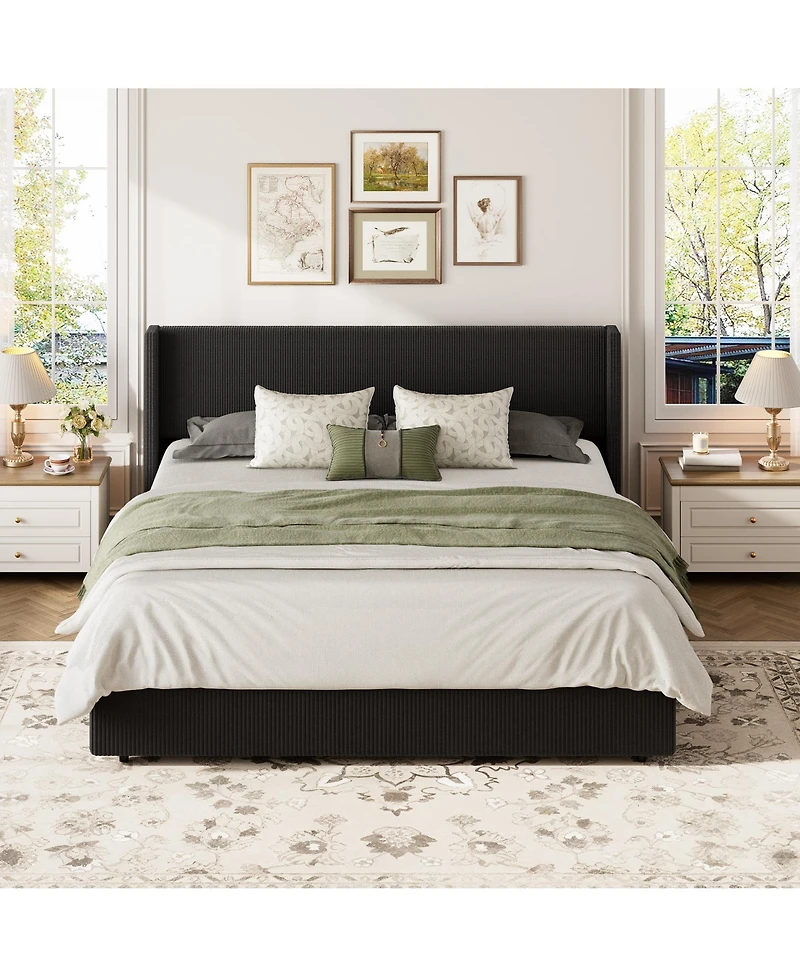 gaomon Lift Up Storage Bed Frame - Corduroy Upholstered Platform Bed with Gas Lift, Padded Headboard