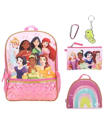 Disney Princess Girls' Backpack, Lunch Bag, Pencil Case, Key Chain and Carabiner, 5-Piece Set