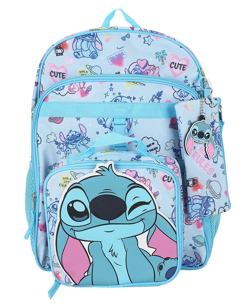 Stitch Boys' and Girls' All Over Print Backpack, Insulated Lunch Kit, Key Chain and Pencil Case, 4-Piece Set