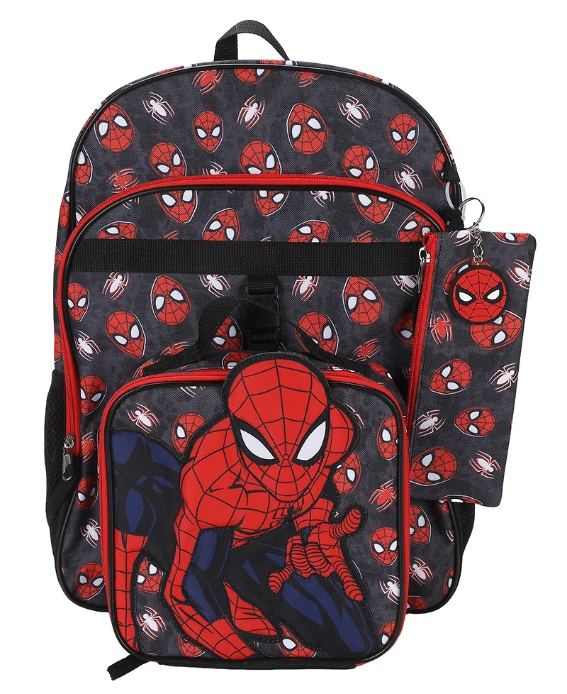 Spider-Man Boys' All Over Print Backpack, Lunch Bag, Pencil Case and Key Chain, 4-Piece Set