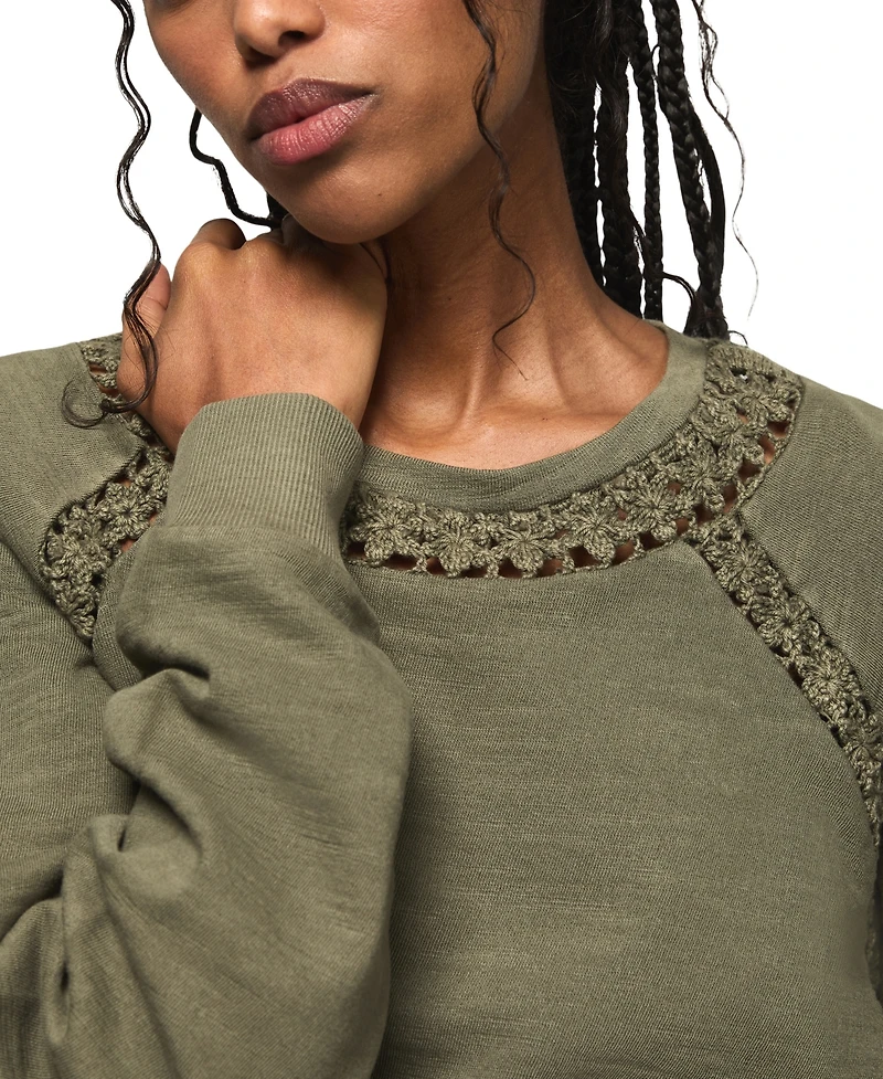 Lucky Brand Women's Lace Trimmed Fleece Crewneck Sweatshirt