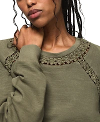 Lucky Brand Women's Lace Trimmed Fleece Crewneck Sweatshirt