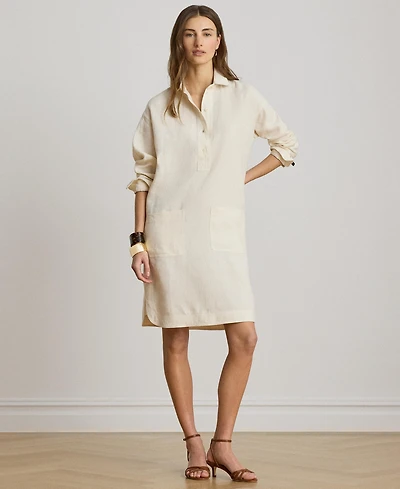 Lauren Ralph Women's Linen Spread Collar Long Sleeve Shirt Dress