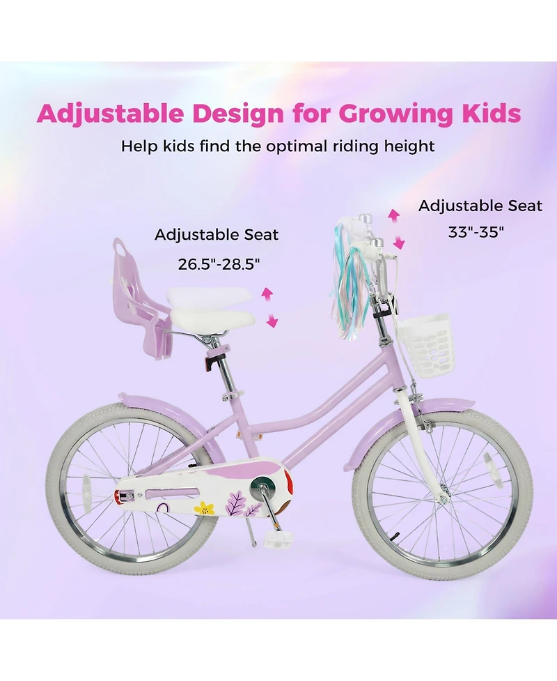 Slickblue Kids Girls Bike with Doll Carrier Seat Colorful Streamers