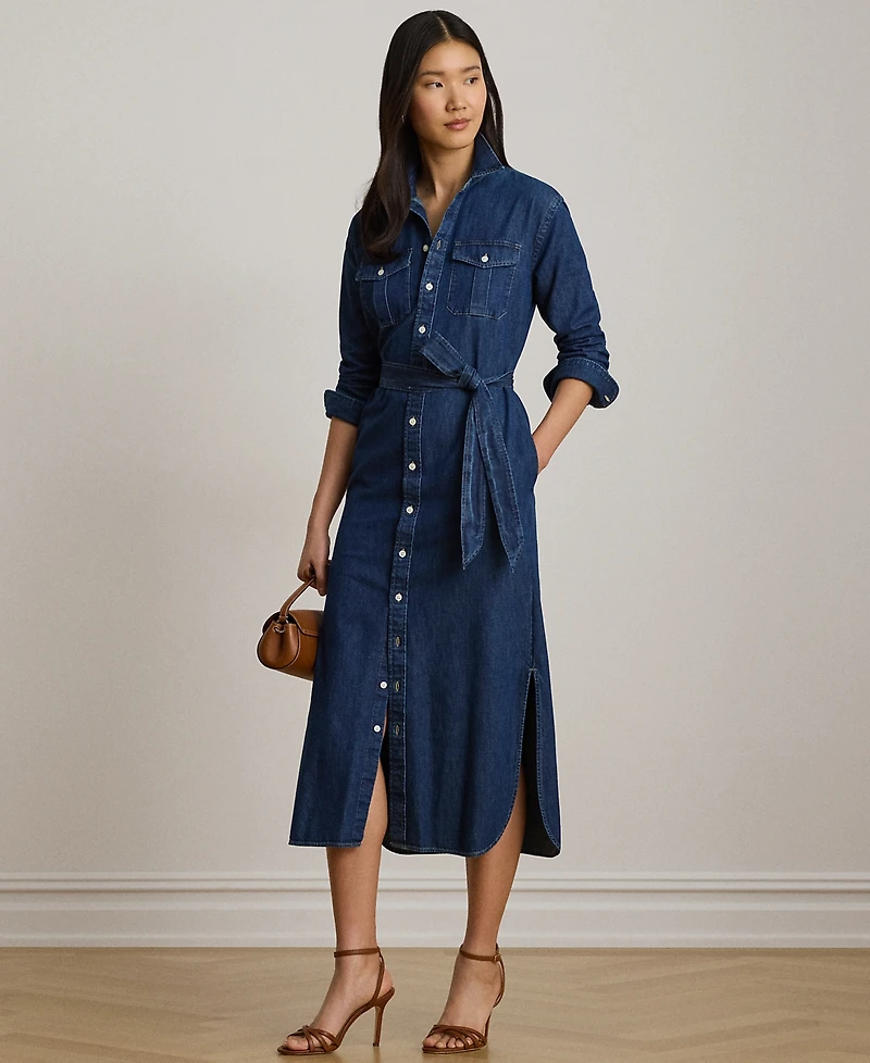Lauren Ralph Petite Belted Collared Denim Midi Shirt Dress