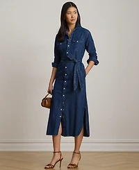 Lauren Ralph Petite Belted Collared Denim Midi Shirt Dress