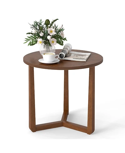 Gymax Round Side Table with Sturdy Rubber Wood Legs and Triangular Structure for Bedroom