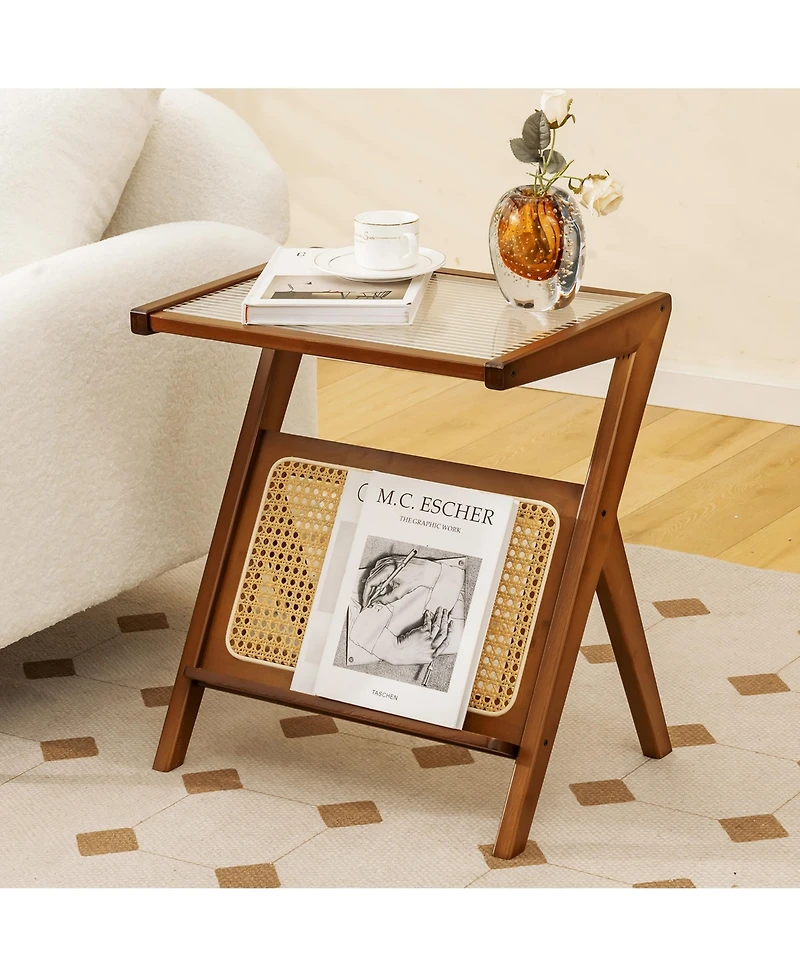 Gymax 2 Pieces Boho End Table with Magazine Rack Versatile Bamboo Bedside Table with Rattan Shelf