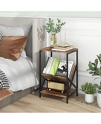 Gymax Industrial Side Table 3-Tier End Table with V-Shaped Magazine Holder Rustic