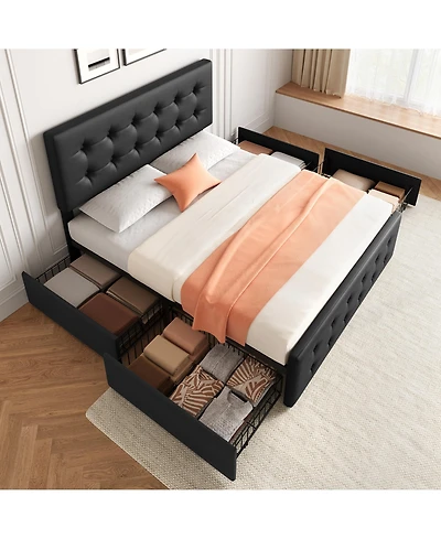 Homfan Upholstered Platform Bed Frame with 4 Storage Drawers, Button Tufted Headboard, Wooden Slats