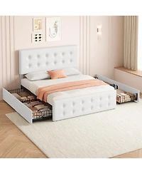 Homfan Upholstered Platform Bed Frame with 4 Storage Drawers, Button Tufted Headboard, Wooden Slats