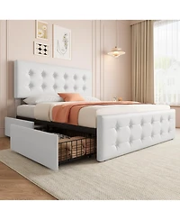 Homfan Upholstered Platform Bed Frame with 4 Storage Drawers, Button Tufted Headboard, Wooden Slats