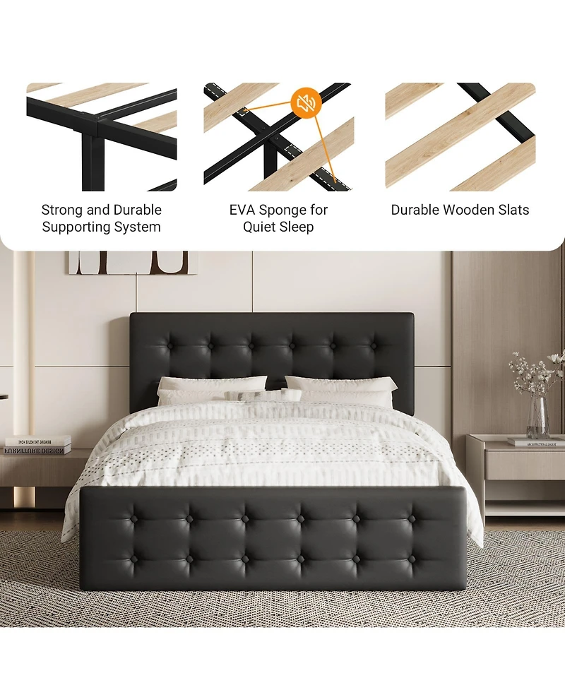 Homfan Upholstered Platform Bed Frame with 4 Storage Drawers, Button Tufted Headboard, Wooden Slats
