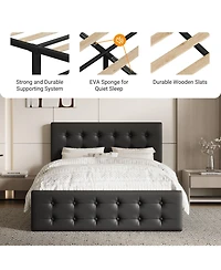 Homfan Upholstered Platform Bed Frame with 4 Storage Drawers, Button Tufted Headboard, Wooden Slats