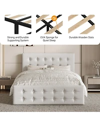 Homfan Upholstered Platform Bed Frame with 4 Storage Drawers, Button Tufted Headboard, Wooden Slats
