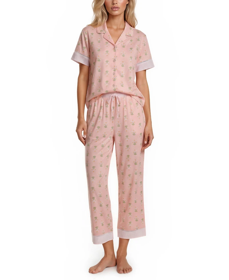Vera Bradley Women's Iconic Twin Print Notch Top and Pajama Capri Pants, 2 Piece Set