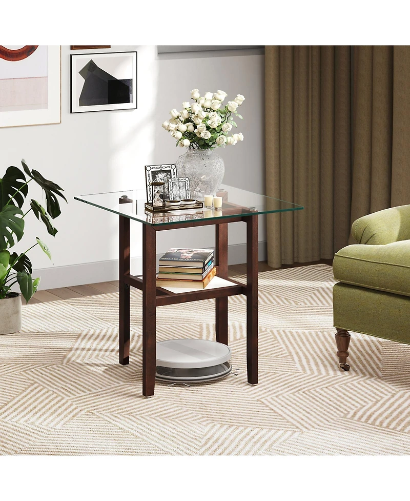Gymax 24'' Square Glass Side Table with Storage Shelf and Rubber Wood Frame for Living Room