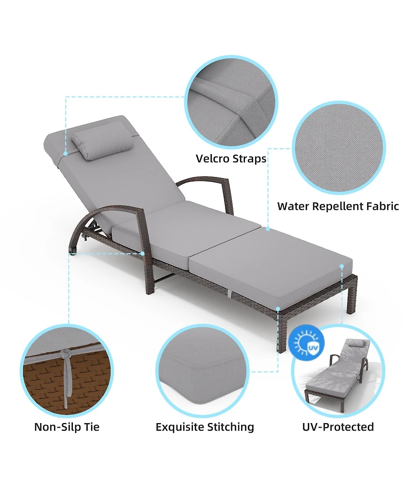Homfan Adjustable Wicker Outdoor Chaise Lounge Chair with Wheels and Thick Washable Cushion, 5-Position Rattan Patio Recliner for Pool Garden
