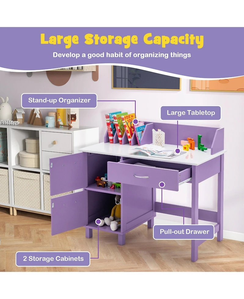 Slickblue Kids Wooden Desk and Chair Set with Storage Cabinet and Drawer