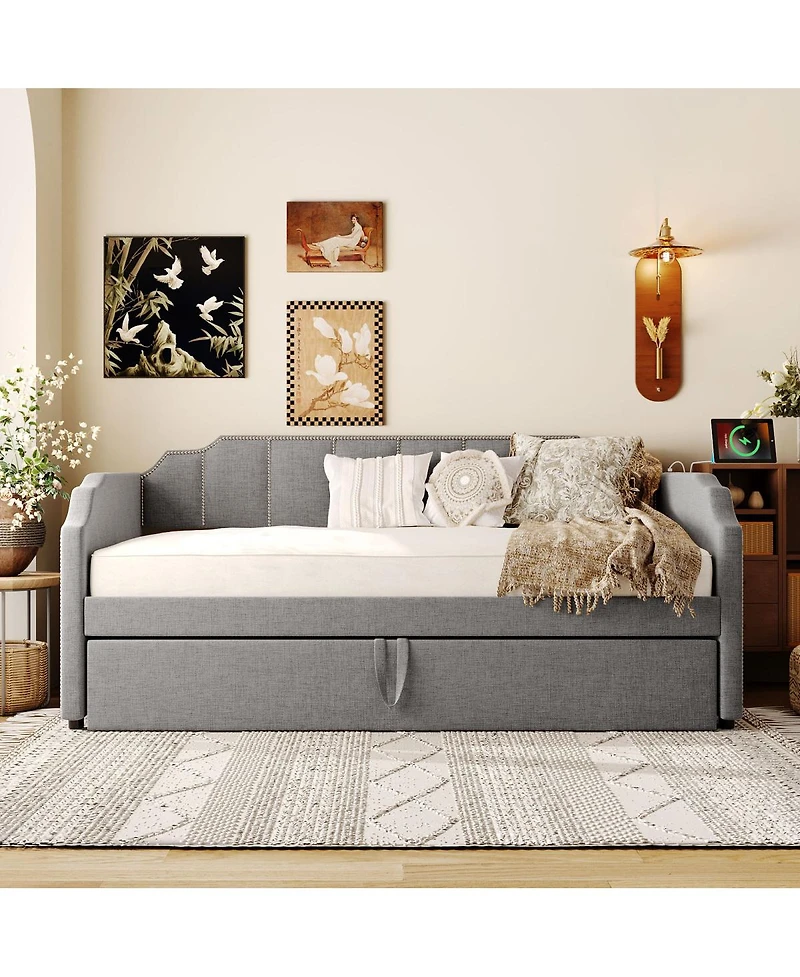 Streamdale Furniture Twin Size Upholstered Daybed with Pop-Up Trundle and Usb Charging Ports
