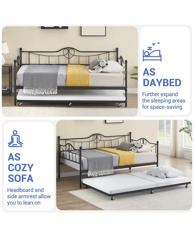 Daybed with Pull-Out Trundle, Metal Sofa Bed Frame with Slat Support and Decorative Headboards for Bedroom or Guest Room