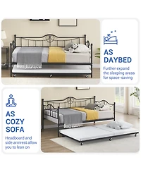 Daybed with Pull-Out Trundle, Metal Sofa Bed Frame with Slat Support and Decorative Headboards for Bedroom or Guest Room