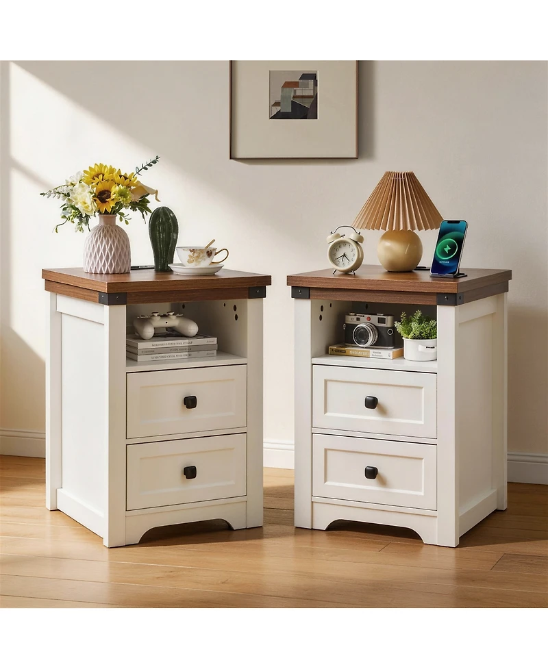 Streamdale Furniture Farmhouse Charging Nightstand with Drawer and Shelf