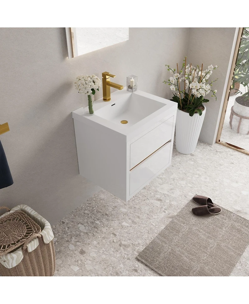 Sillysis Wall Mounted Bathroom Vanity with Glossy Resin Sink, Soft Close Drawers