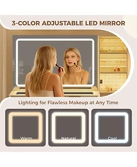 homfan Vanity Desk with Lighted Mirror, Glass Top Dressing Table Charging Station and Cushioned Storage Stool for Bedroom