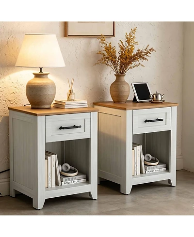 homfan Set of 2 Farmhouse Nightstand with Charging Station - 2 Drawers and Open Shelf, Usb/Type-c/Ac Outlets, End Table for Bedroom, Living Room