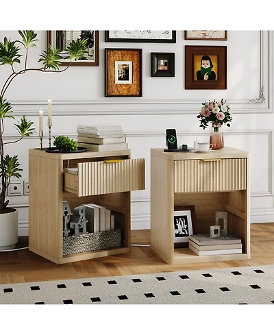 homfan Set of 2 Modern Fluted Nightstands with Charging Station, Drawers and Open Storage Shelf, Rounded Corners, Metal Handles, Wooden for Bedroom