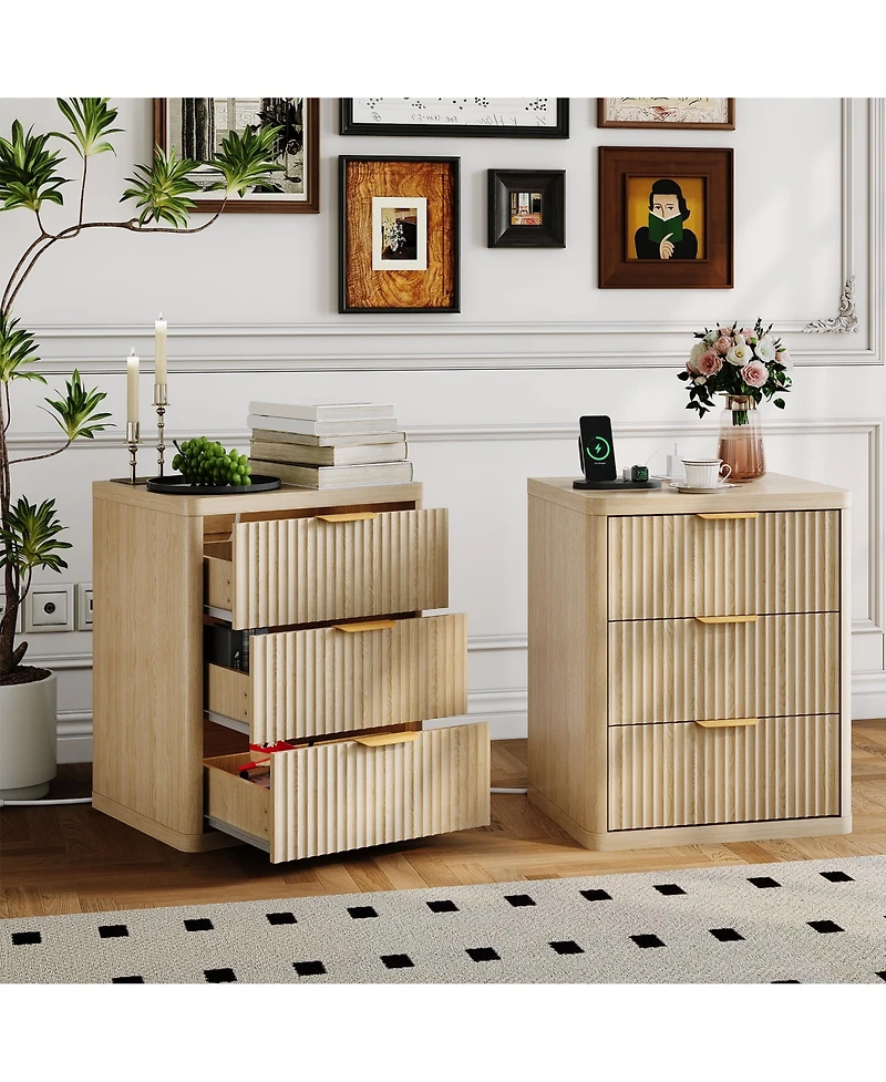 homfan Set of 2 Modern Fluted Nightstands with Charging Station, Drawers and Open Storage Shelf, Rounded Corners, Metal Handles, Wooden for Bedroom