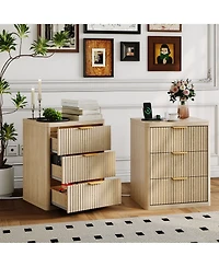 homfan Set of 2 Modern Fluted Nightstands with Charging Station, Drawers and Open Storage Shelf, Rounded Corners, Metal Handles, Wooden for Bedroom