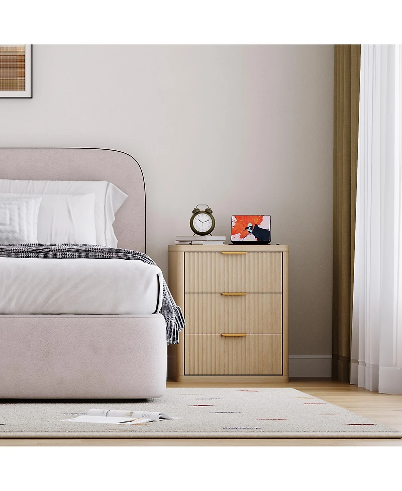 homfan Set of 2 Modern Fluted Nightstands with Charging Station, Drawers and Open Storage Shelf, Rounded Corners, Metal Handles, Wooden for Bedroom