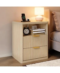 homfan Set of 2 Modern Fluted Nightstands with Charging Station, Drawers and Open Storage Shelf, Rounded Corners, Metal Handles, Wooden for Bedroom