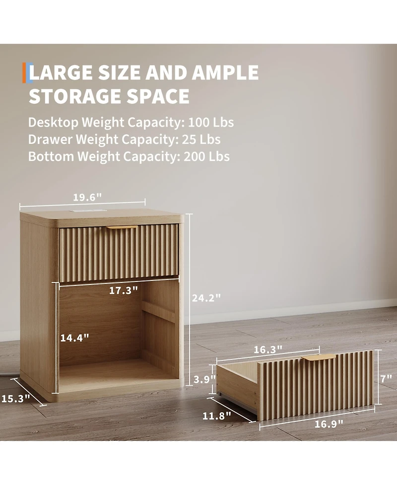 homfan Set of 2 Modern Fluted Nightstands with Charging Station, Drawers and Open Storage Shelf, Rounded Corners, Metal Handles, Wooden for Bedroom