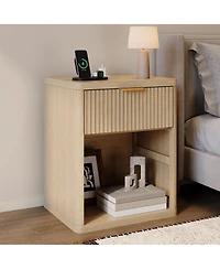 homfan Set of 2 Modern Fluted Nightstands with Charging Station, Drawers and Open Storage Shelf, Rounded Corners, Metal Handles, Wooden for Bedroom