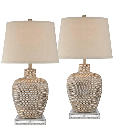 Regency Hill Glenn Rustic Farmhouse Table Lamps Set of 2 with Square Risers 28.5 Inches Tall Fabric Drum Shade for Bedroom