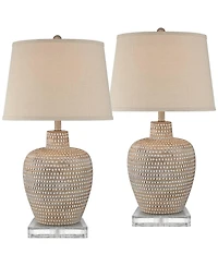 Regency Hill Glenn Rustic Farmhouse Table Lamps Set of 2 with Square Risers 28.5 Inches Tall Fabric Drum Shade for Bedroom