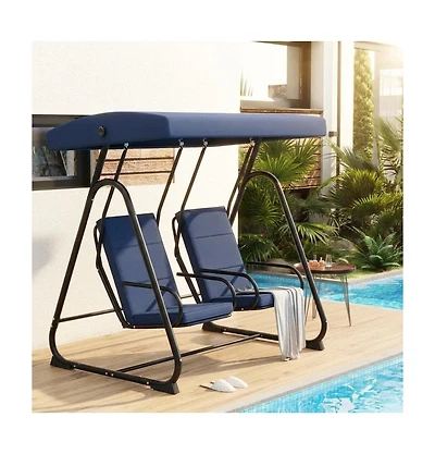 GarveeLife 3-Seat Outdoor Patio Swing Chair with Adjustable Canopy and Reclining Backrest Heavy Duty Metal Frame Thick Resistant For Backyard