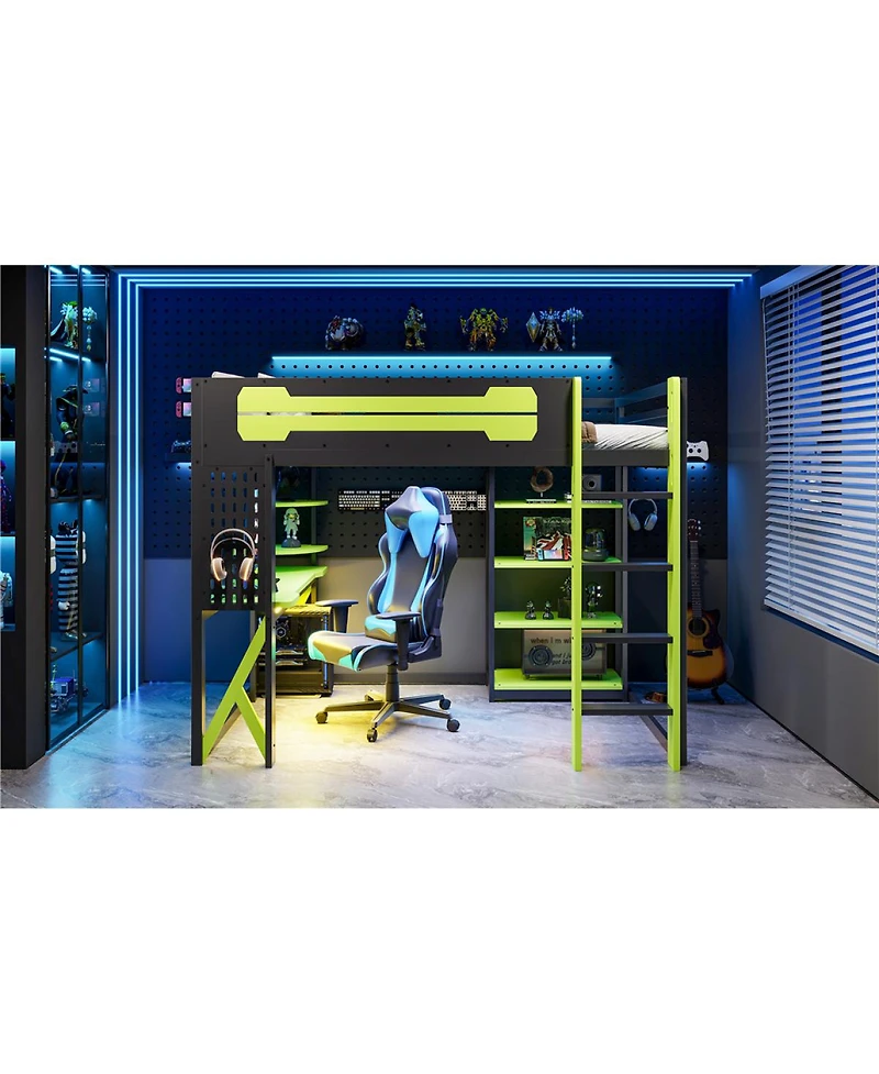 Streamdale Furniture Wood Loft Bed w/Desk, Shelves, Power, Usb/Type-c, Rgb Light