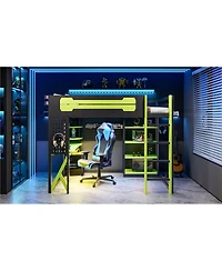 Streamdale Furniture Wood Loft Bed w/Desk, Shelves, Power, Usb/Type-c, Rgb Light