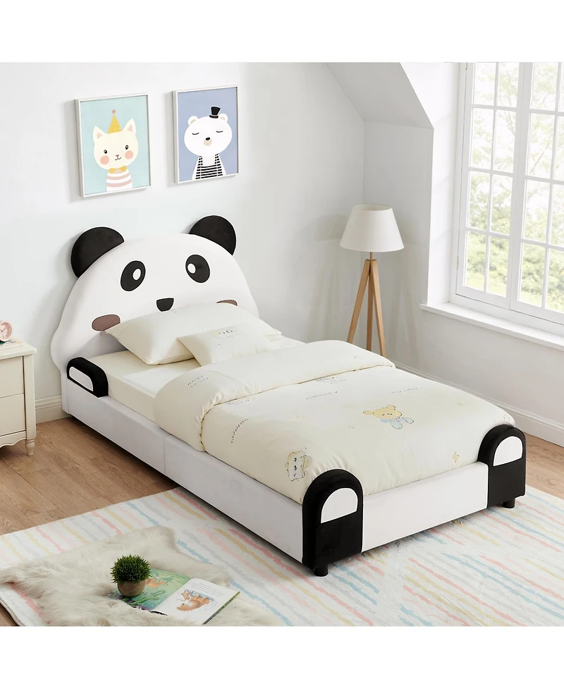 Rainsken Twin Size Upholstered Platform Bed, Solid Wood Kids Bed Frame with Cute Panda-Shaped Headboard, Safety Soft Padded Edges for Children