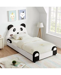 Rainsken Twin Size Upholstered Platform Bed, Solid Wood Kids Bed Frame with Cute Panda-Shaped Headboard, Safety Soft Padded Edges for Children